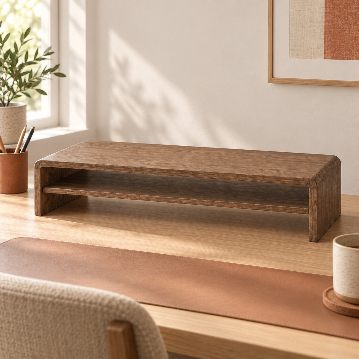 Elevate Monitor Riser shown in a home workspace