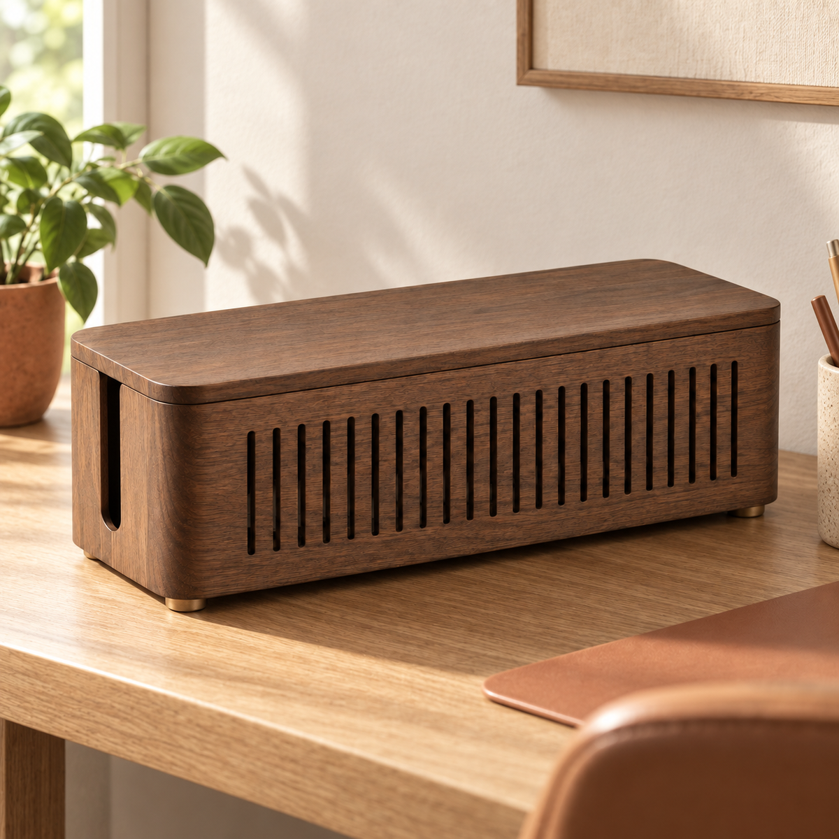 Trace Cable Storage Box shown in a desk edge