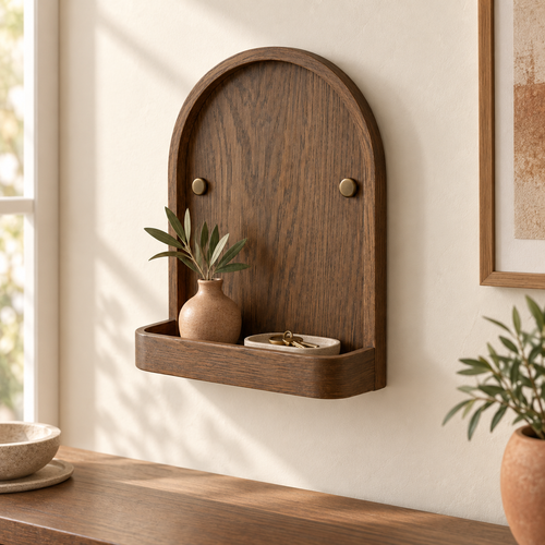 Arcwell Entry Shelf shown in a entry wall