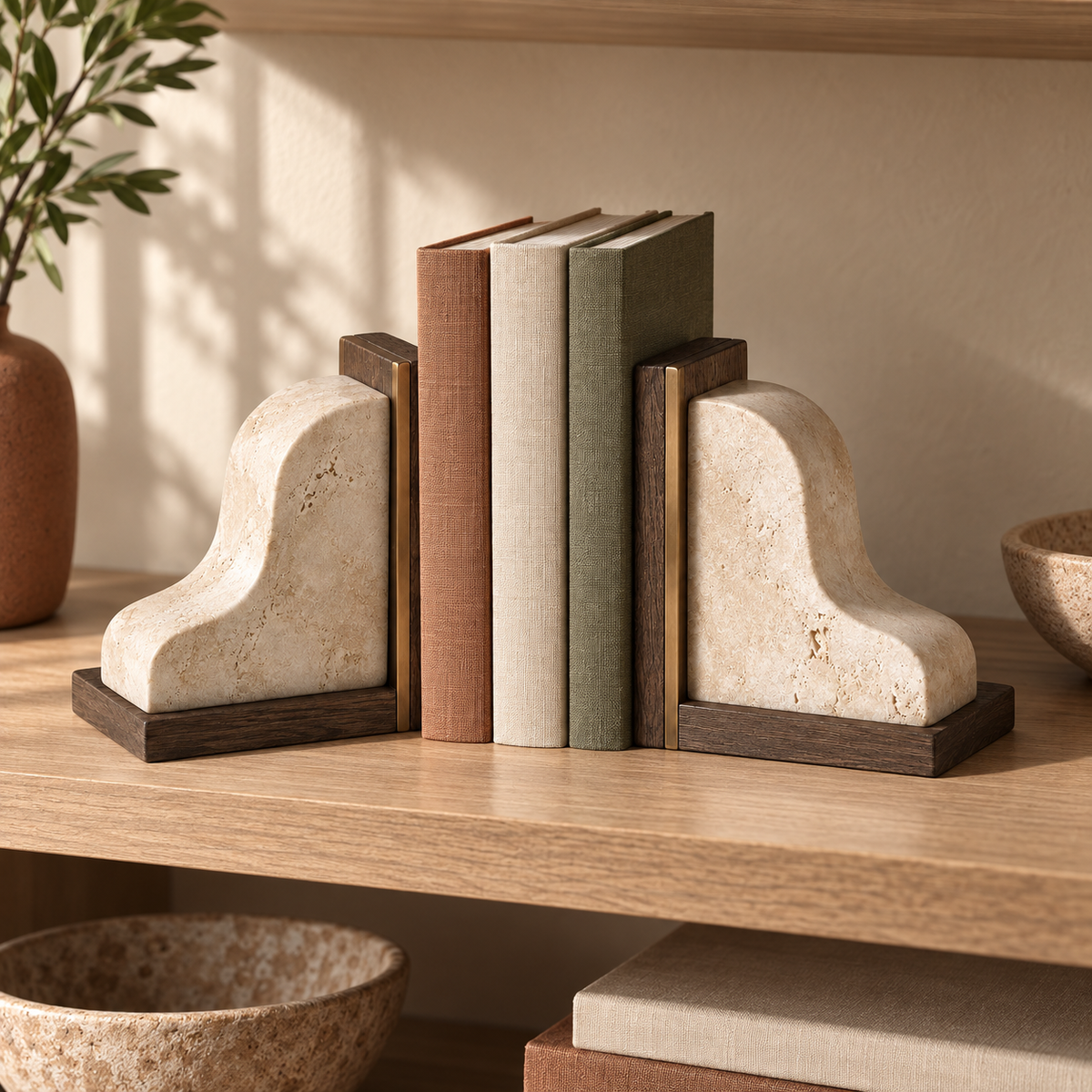 Contour Bookend Pair shown in a living-room bookcase