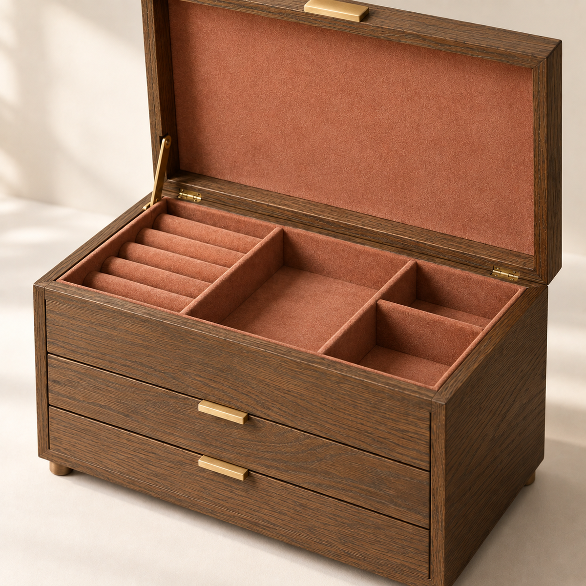 Elara Jewelry Cabinet detail showing hinged lid and arranged interior