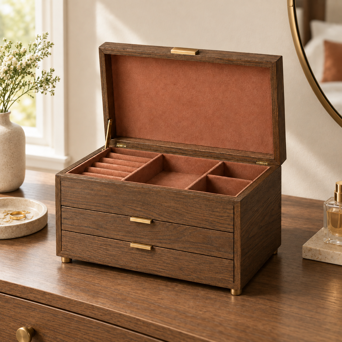 Elara Jewelry Cabinet shown in a bedroom dresser