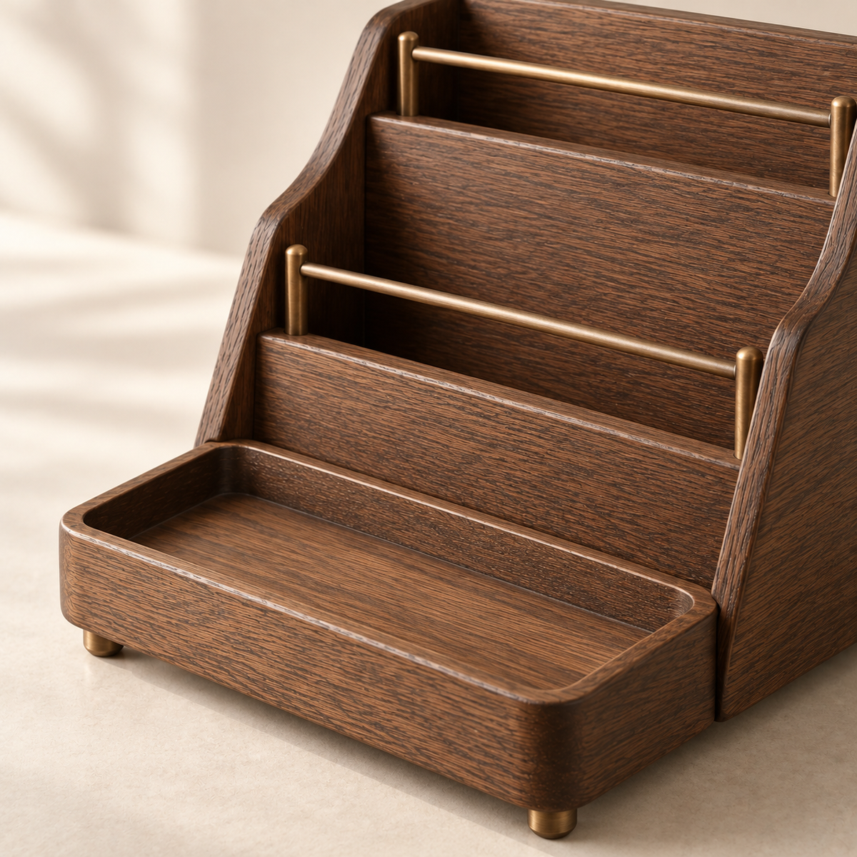 Nocturne Bedside Organizer detail showing tiered form and small upper tray