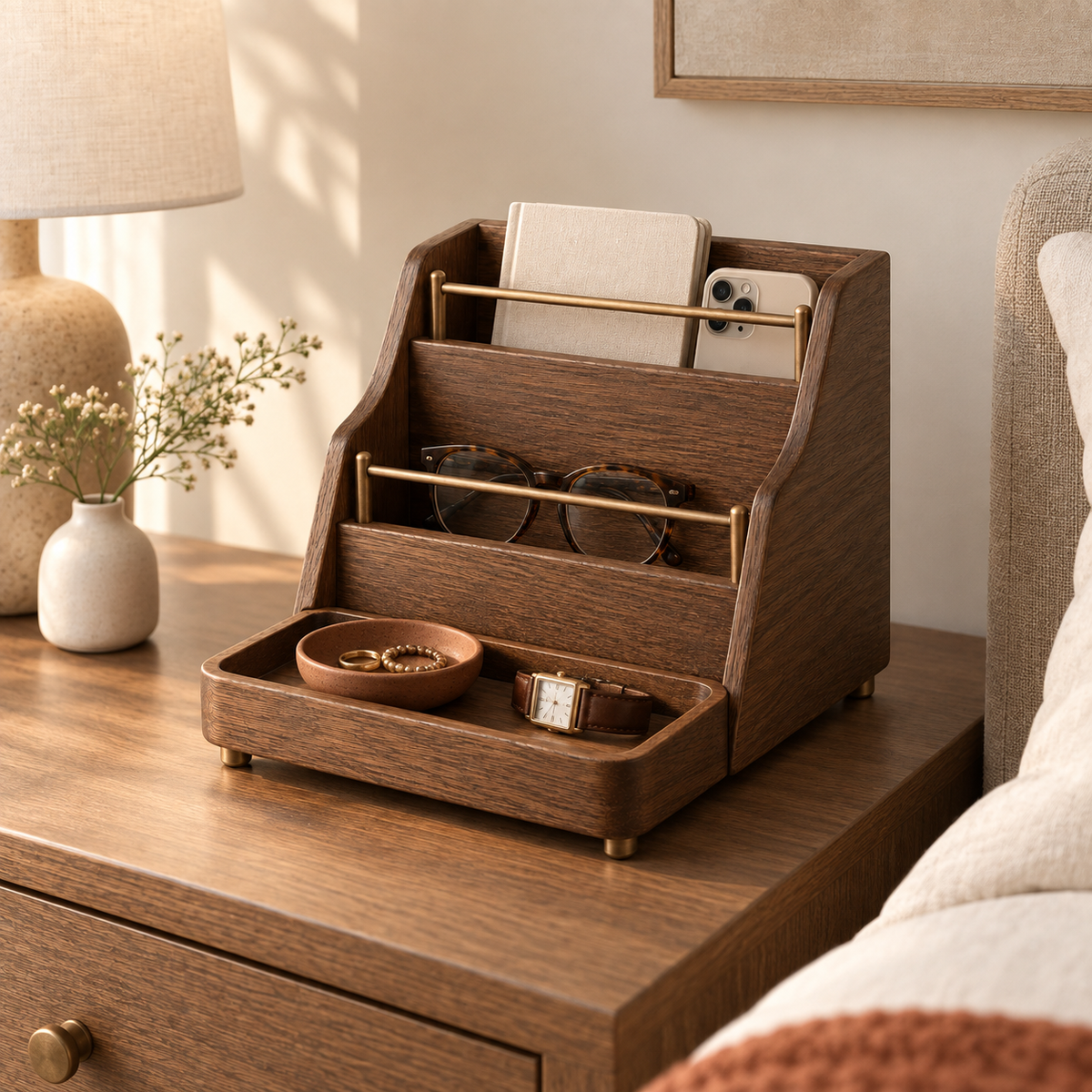 Nocturne Bedside Organizer shown in a nightstand