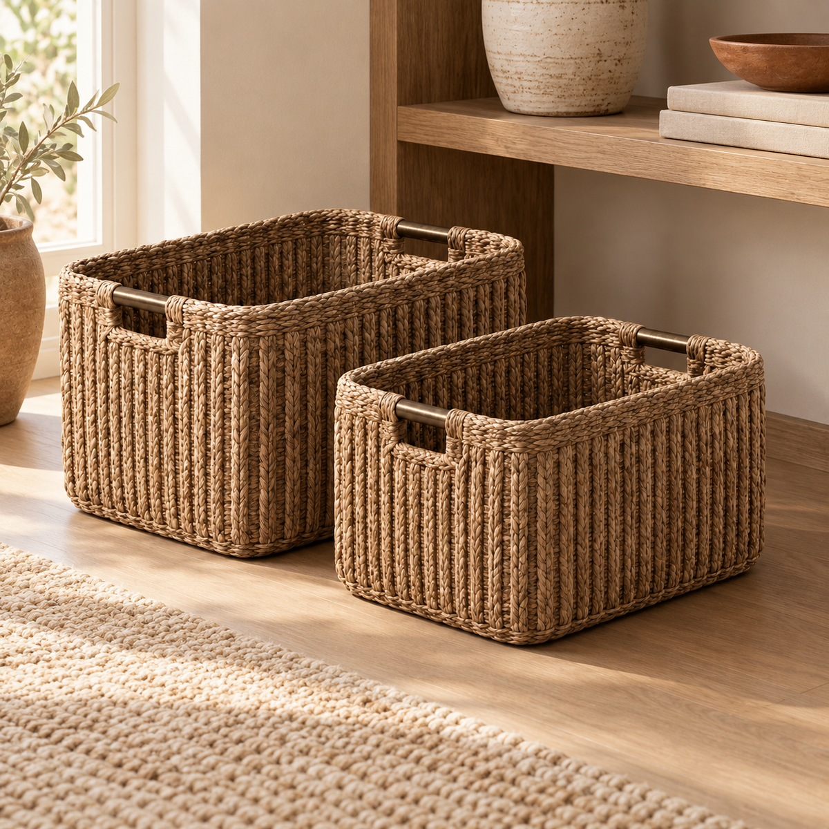 Ridge Storage Basket Pair shown in a living-room shelving