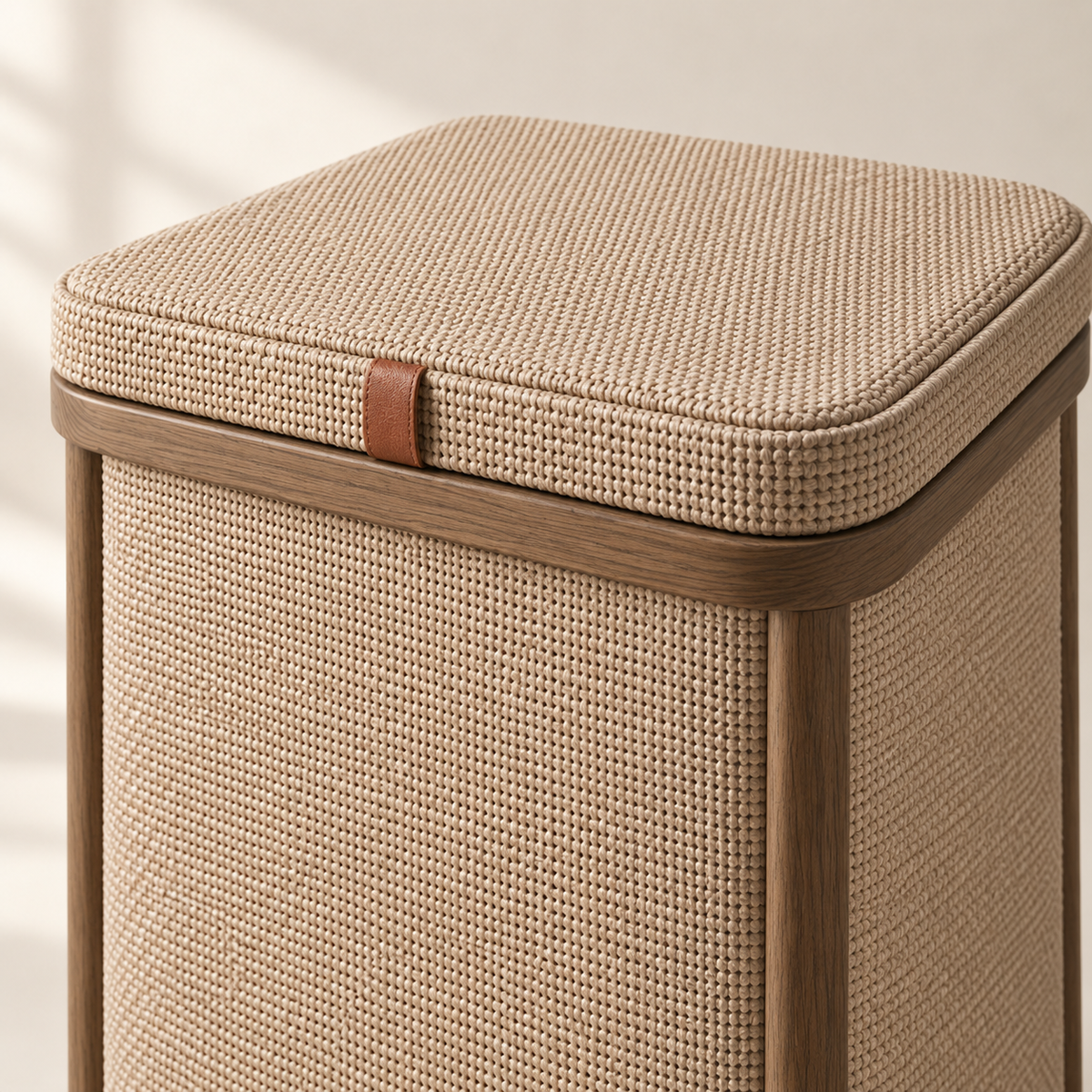 Softline Lidded Hamper detail showing fitted lid, handles and woven texture