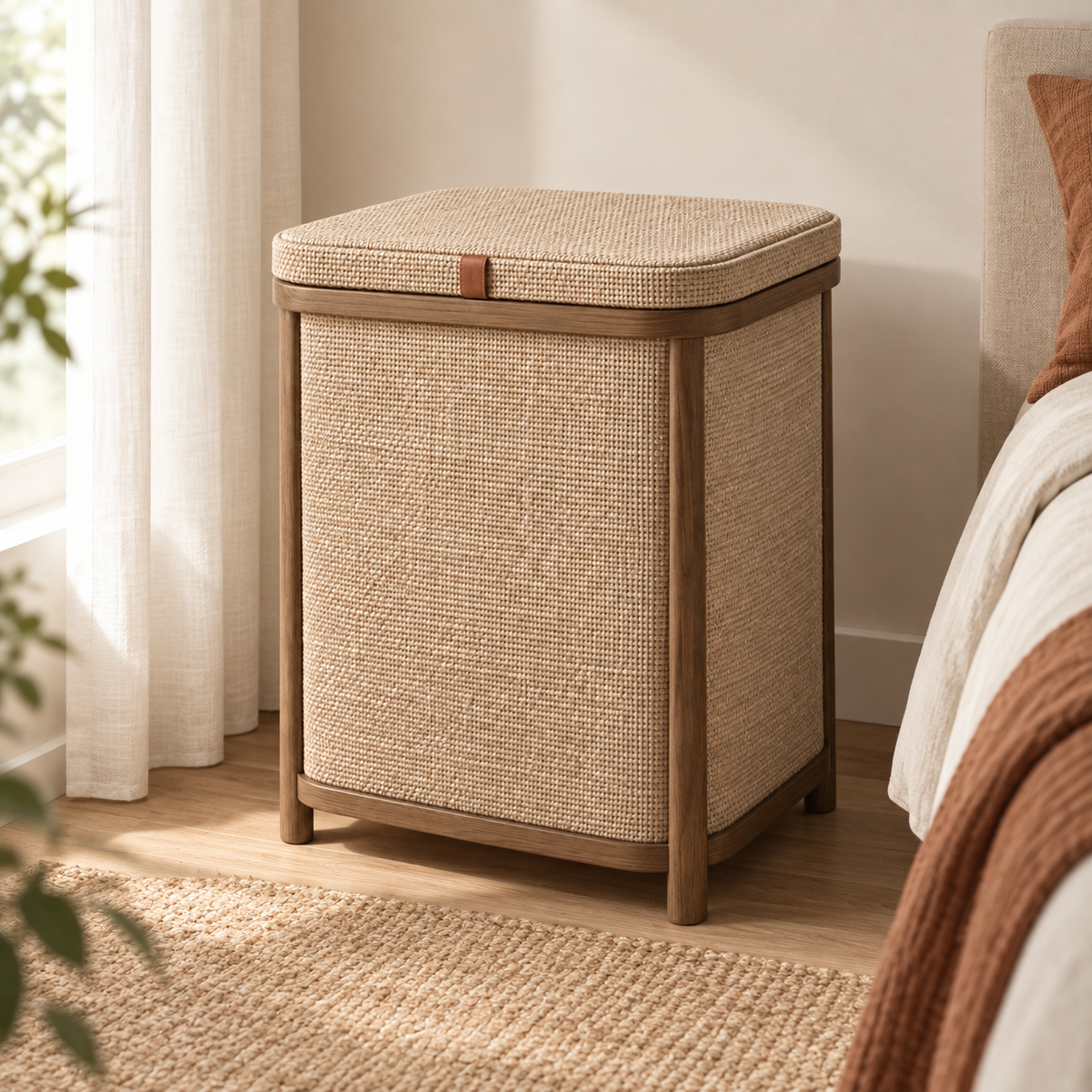 Softline Lidded Hamper shown in a bedroom corner